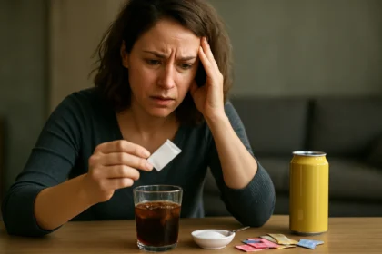 Žena s obavami skúma sladidlo pri nápoji.