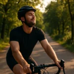 Muž jazdiaci na bicykli v prírode, vyžarujúci pohodu a šťastie.