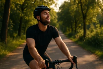 Muž jazdiaci na bicykli v prírode, vyžarujúci pohodu a šťastie.