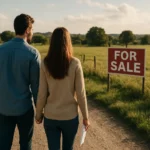 Pár prechádza pri pozemku na predaj s príjazdovou cestou.