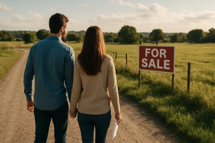 Pár prechádza pri pozemku na predaj s príjazdovou cestou.