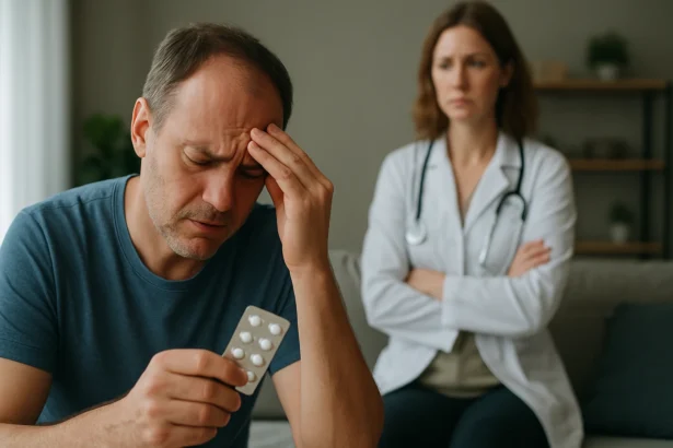 Muž s vedľajšími účinkami liekov sleduje svojho lekára.