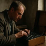 Muž pracujúci s historickou šifrovacou Enigmou