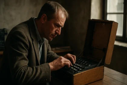 Muž pracujúci s historickou šifrovacou Enigmou