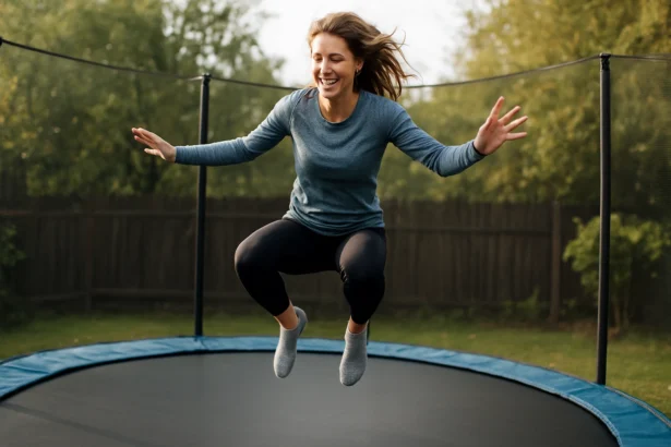 Žena skáče na trampolíne, zvyšuje energiu a zlepšuje nervový systém.