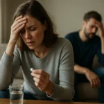 Žena trpiaca vedľajšími účinkami lieku Medrol, muž v pozadí je znepokojený.