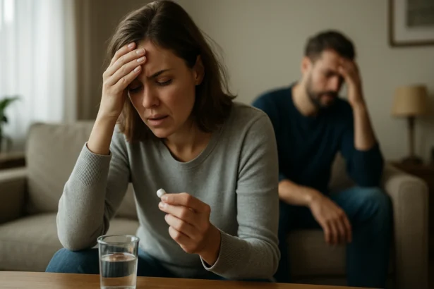 Žena trpiaca vedľajšími účinkami lieku Medrol, muž v pozadí je znepokojený.