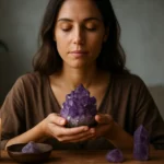 Žena meditujúca s ametystom a sviečkou pre energetickú regeneráciu.