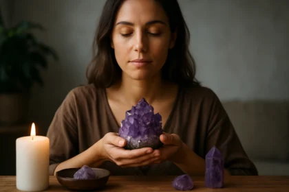 Žena meditujúca s ametystom a sviečkou pre energetickú regeneráciu.