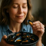 Žena vychutnáva modré mušle z misky, pavučina zdravia.