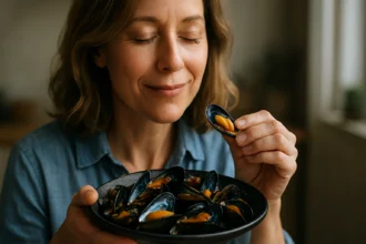 Žena vychutnáva modré mušle z misky, pavučina zdravia.