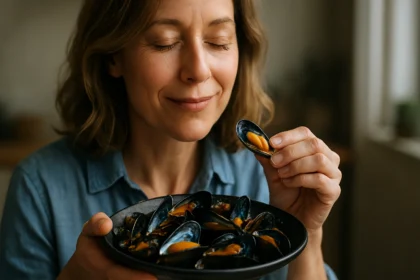 Žena vychutnáva modré mušle z misky, pavučina zdravia.