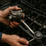 Mechanik drží olejové čerpadlo v motorovom priestore auta.