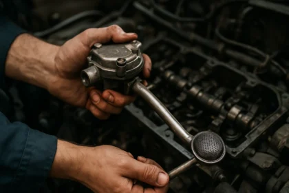 Mechanik drží olejové čerpadlo v motorovom priestore auta.