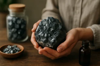 Galenit - minerál s liečivými účinkami držiaci v ruke.