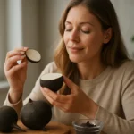 Žena s čiernou reďkovkou, zdravie a výhody koreňovej zeleniny.