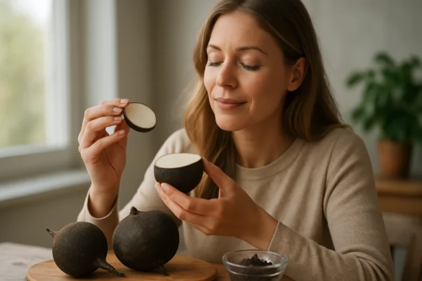 Žena s čiernou reďkovkou, zdravie a výhody koreňovej zeleniny.