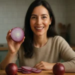 Žena sa usmieva a ukazuje na plátok červenej cibule.