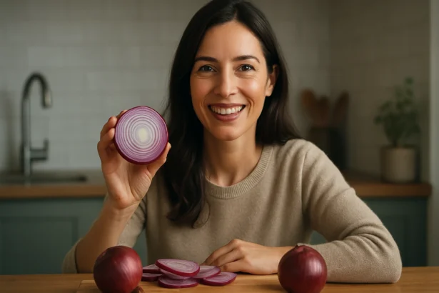 Žena sa usmieva a ukazuje na plátok červenej cibule.