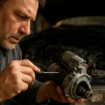 Mechanik skúma motorový štartér v servise auta.