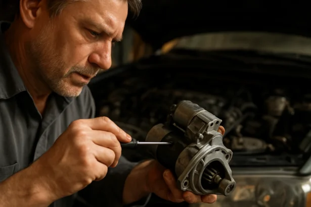 Mechanik skúma motorový štartér v servise auta.