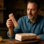 Muž skúma kus mangalica tuku na drevenom stole.