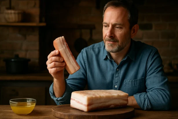 Muž skúma kus mangalica tuku na drevenom stole.