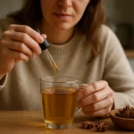 Žena pridáva anízový olej do šálky čaju, vedľa je aníz a fľaša oleja.