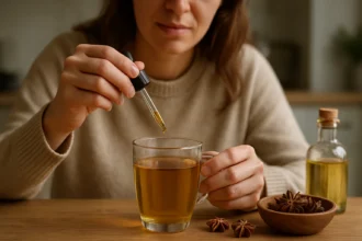 Žena pridáva anízový olej do šálky čaju, vedľa je aníz a fľaša oleja.