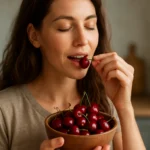 Žena si vychutnáva čerešne z misy v kuchyni.