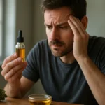 Muž skúma hašišový olej s otázkami o jeho účinkoch.