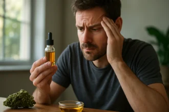 Muž skúma hašišový olej s otázkami o jeho účinkoch.