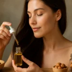 Žena aplikuje arganový olej na zdravé vlasy