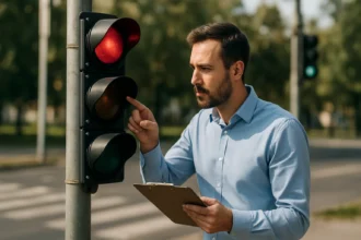 Muž skúma semafor s červeným a oranžovým signálom v parku.