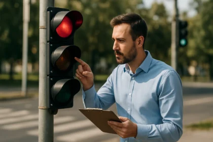 Muž skúma semafor s červeným a oranžovým signálom v parku.