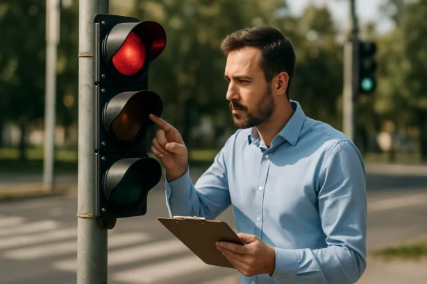 Muž skúma semafor s červeným a oranžovým signálom v parku.
