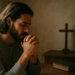 Muž sa modlí s uzavretými očami pred krížom a Bibliou.
