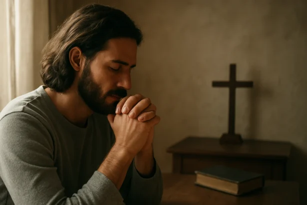 Muž sa modlí s uzavretými očami pred krížom a Bibliou.