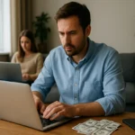 Muž pracujúci na počítači s peniazmi a ženou v pozadí.