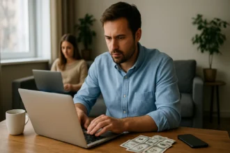 Muž pracujúci na počítači s peniazmi a ženou v pozadí.