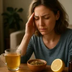 Žena s bolesťou hlavy, prírodné lieky na stole, ako čaj a bylinky.