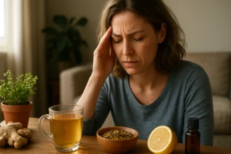 Žena s bolesťou hlavy, prírodné lieky na stole, ako čaj a bylinky.