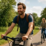 Muž a žena bicyklujú v prírode, užívajú si outdoorové aktivity.