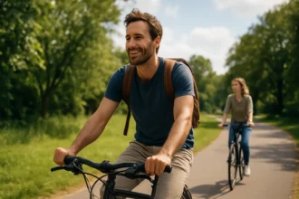 Muž a žena bicyklujú v prírode, užívajú si outdoorové aktivity.