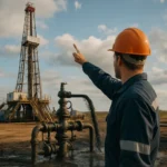Pracovník ukazuje na vrtnú vežu na ťažbu ropy v prírode.