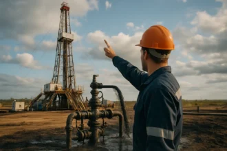 Pracovník ukazuje na vrtnú vežu na ťažbu ropy v prírode.