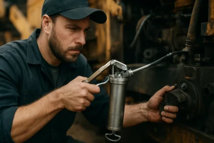 Muž používa ručnú mazaciu pištoľ na strojovú údržbu.