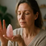 Žena meditujúca s jahodovým kremenom v ruke