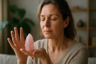 Žena meditujúca s jahodovým kremenom v ruke