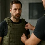 Muž v reaktívnom pancieri dostáva výstroj od kolegu.